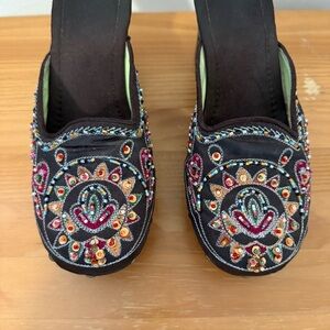 Y2K Bamboo Beaded Brown Satin Platform Clogs Size 8.5